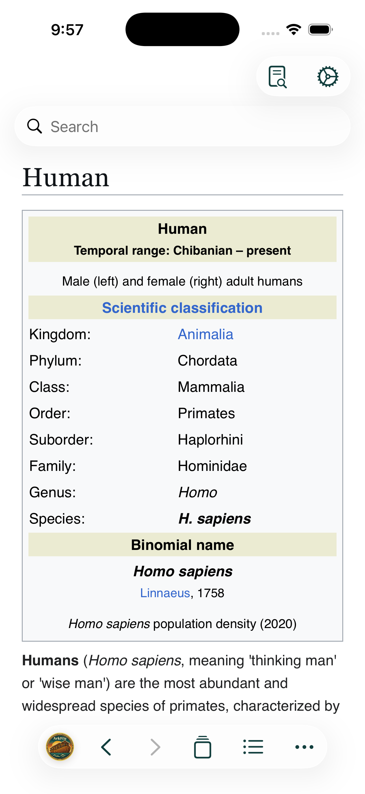 Wikipedia article in ArkFile iOS