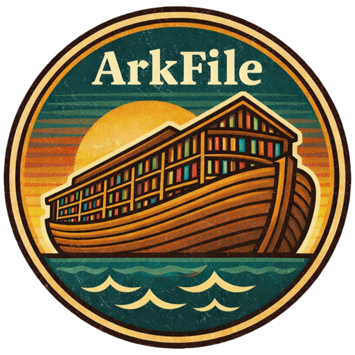 ArkFile logo: an ark filled with books at sunset
